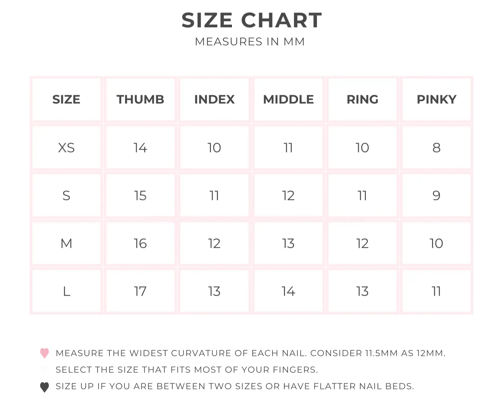 chicchicnails press on nails size chart